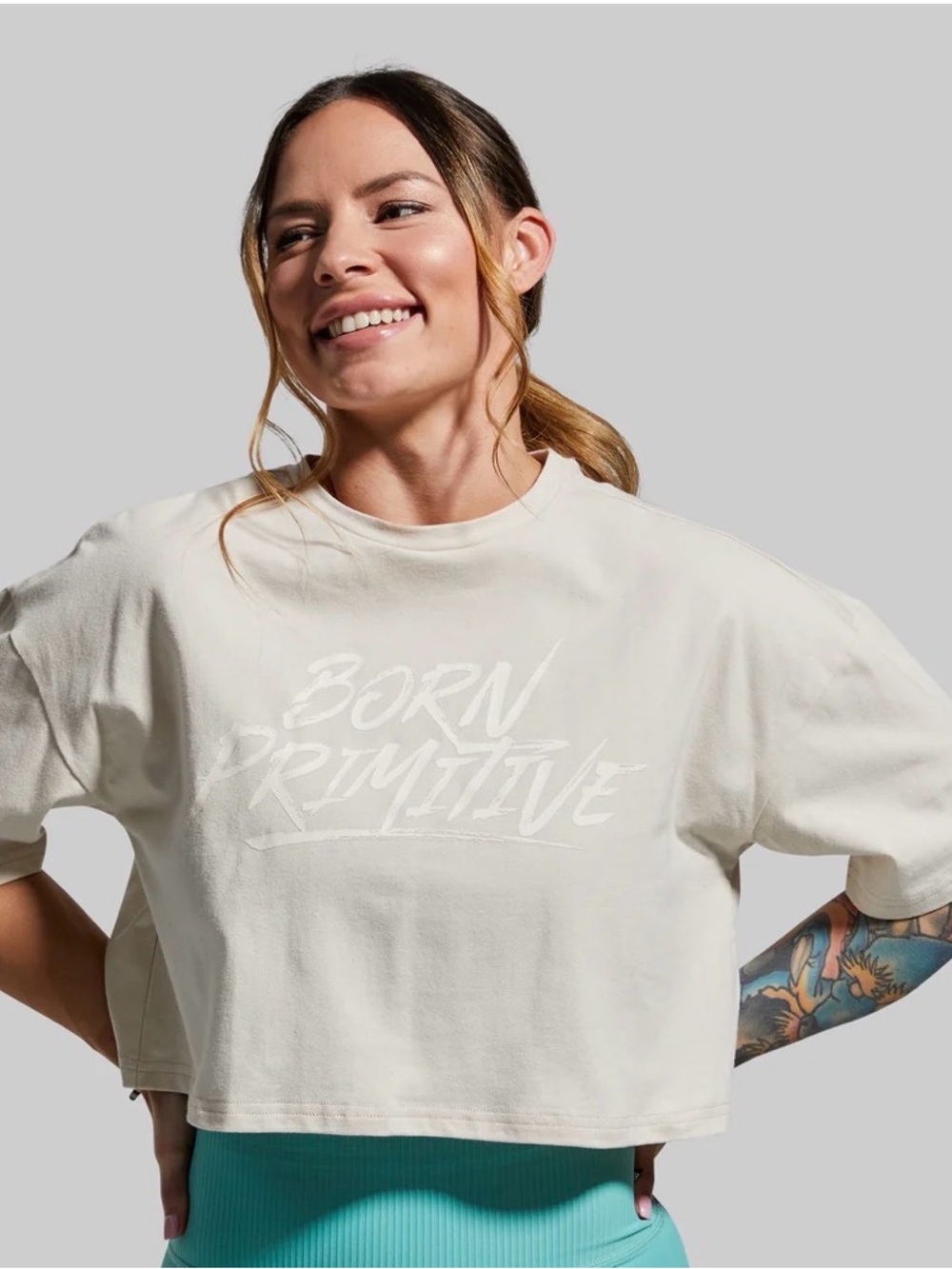 Born Primitive Logo Crop Training Tee in Oatmeal